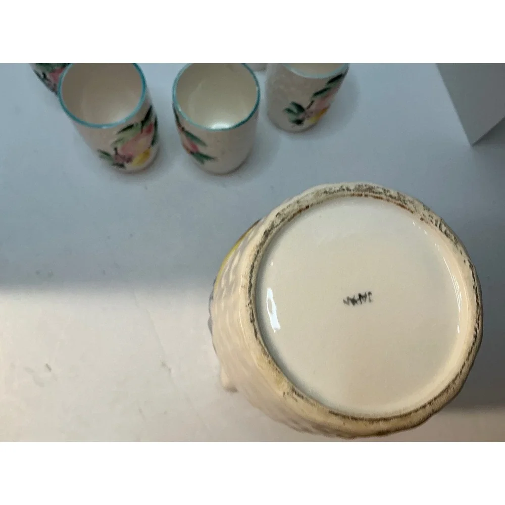Vintage‎ Pitcher and 5 Cup Set Fruit Basketweave Ceramic Tropical Cream